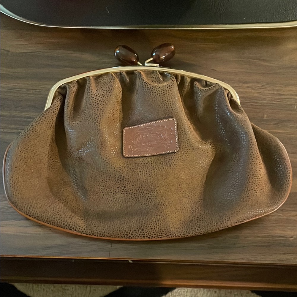 Vintage Cardiff Brown Clutch with Amber and Gold Kiss Lock